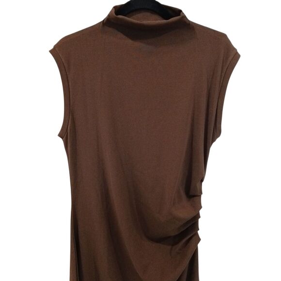 OGL Mockneck Tucks Midi Dress - Hazelnut Coco Sleeveless Brown Ruched Size PXL - Picture 5 of 15